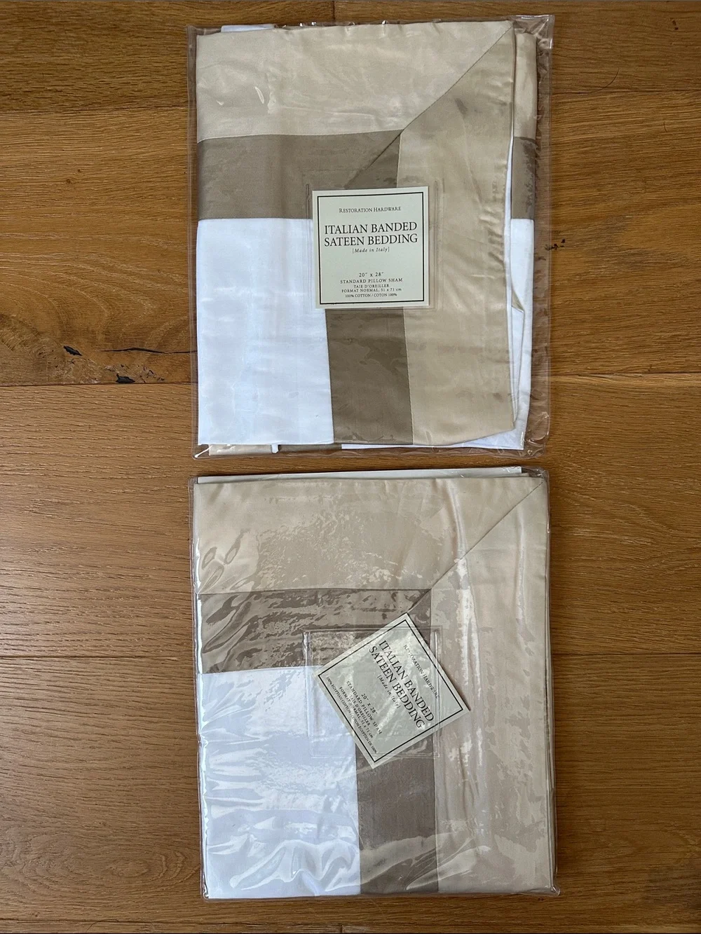 Restoration Hardware Neutral Banded Sateen Pillow Sham - Beige, White